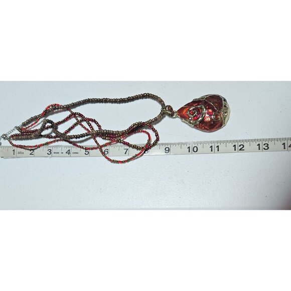 Boho Red Brown Beaded Necklace Teardrop Pendant Gold Tone Swirl Embedded Gems - Picture 8 of 9